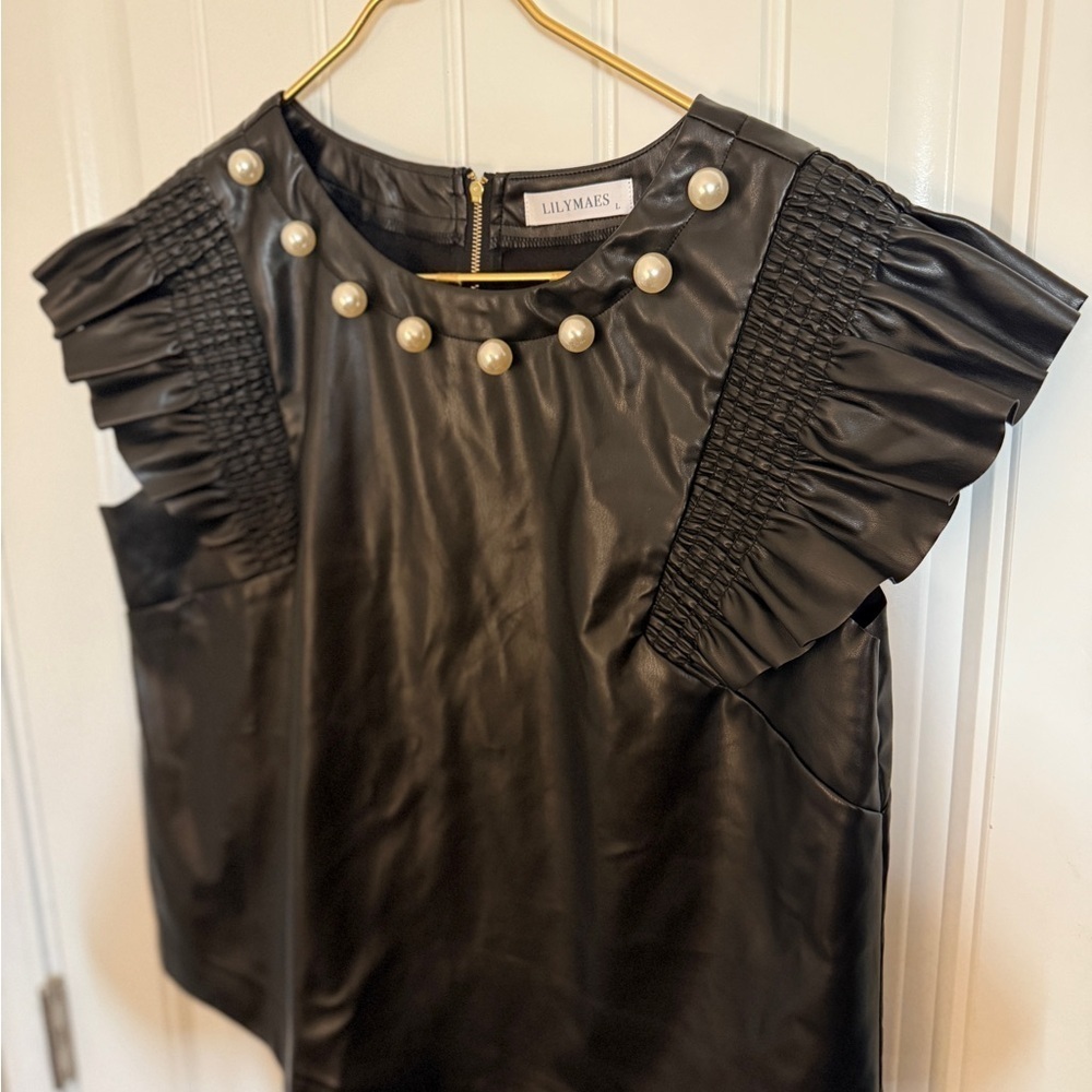 Lilly Mae’s Pearl detail faux leather ruffle sleeve sheath blouse - Picture 8 of 10